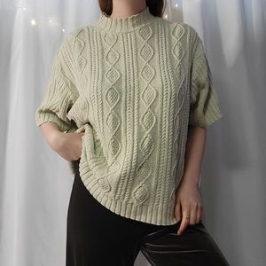 90s 100% Cotton Oatmeal Thickly Knit Mock Turtleneck Sweater Short Sleeve Tee